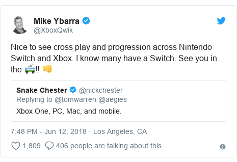 Twitter post by @XboxQwik: Nice to see cross play and progression across Nintendo Switch and Xbox. I know many have a Switch. See you in the 🚎!! 👊 