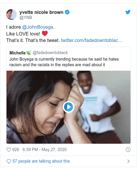 Twitter post by @YNB: I adore @JohnBoyega. Like LOVE love! ❤️That’s it. That’s the tweet. 