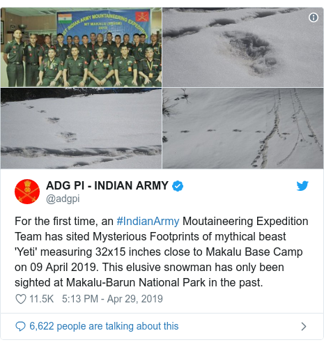 Twitter post by @adgpi: For the first time, an #IndianArmy Moutaineering Expedition Team has sited Mysterious Footprints of mythical beast 'Yeti' measuring 32x15 inches close to Makalu Base Camp on 09 April 2019. This elusive snowman has only been sighted at Makalu-Barun National Park in the past. 