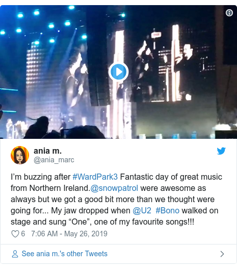 Twitter post by @ania_marc: I’m buzzing after #WardPark3 Fantastic day of great music from Northern Ireland.@snowpatrol were awesome as always but we got a good bit more than we thought were going for... My jaw dropped when @U2  #Bono walked on stage and sung “One”, one of my favourite songs!!! 