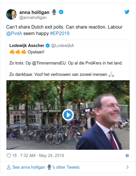 Twitter post by @annaholligan: Can’t share Dutch exit polls. Can share reaction. Labour @PvdA seem happy #EP2019 
