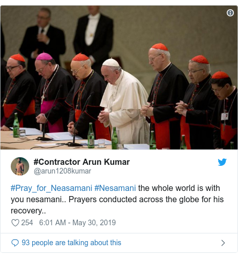 Twitter post by @arun1208kumar: #Pray_for_Neasamani #Nesamani the whole world is with you nesamani.. Prayers conducted across the globe for his recovery.. 