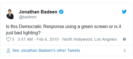 Twitter post by @badeen: Is this Democratic Response using a green screen or is it just bad lighting?