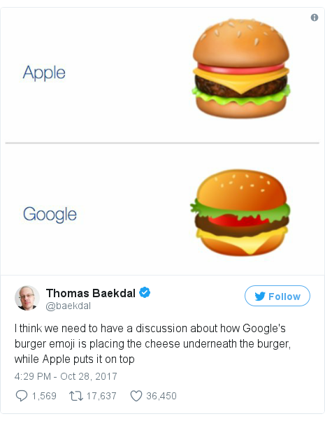 Twitter post by @baekdal: I think we need to have a discussion about how Google's burger emoji is placing the cheese underneath the burger, while Apple puts it on top 