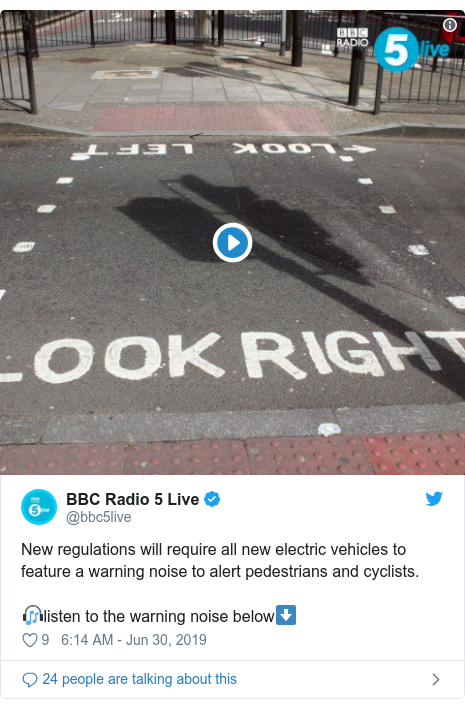 Twitter post by @bbc5live: New regulations will require all new electric vehicles to feature a warning noise to alert pedestrians and cyclists.?listen to the warning noise below⬇️ 