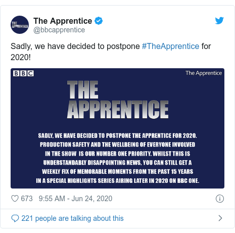 Twitter post by @bbcapprentice: Sadly, we have decided to postpone #TheApprentice for 2020! 