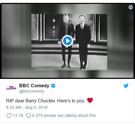 Twitter post by @bbccomedy: RIP dear Barry Chuckle. Here's to you. ❤️