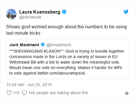 Twitter post by @bbclaurak: Shows govt worried enough about the numbers to be using last minute tricks 