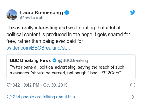 Twitter post by @bbclaurak: This is really interesting and worth noting, but a lot of political content is produced in the hope it gets shared for free, rather than being ever paid for 