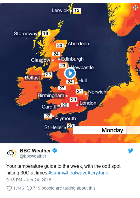 Twitter post by @bbcweather: Your temperature guide to the week, with the odd spot hitting 30C at times.#sunny#heatwave#DryJune 
