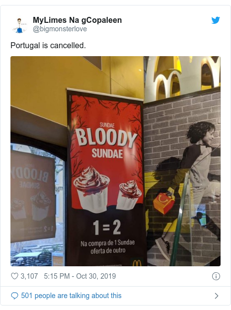 Twitter post by @bigmonsterlove: Portugal is cancelled. 