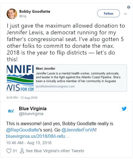 Twitter post by @bluevirginia: This is awesome! (and yes, Bobby Goodlatte really is @RepGoodlatte's son). Go @JenniferForVA!   