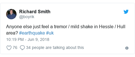 Twitter post by @boyrik: Anyone else just feel a tremor / mild shake in Hessle / Hull area? #earthquake #uk