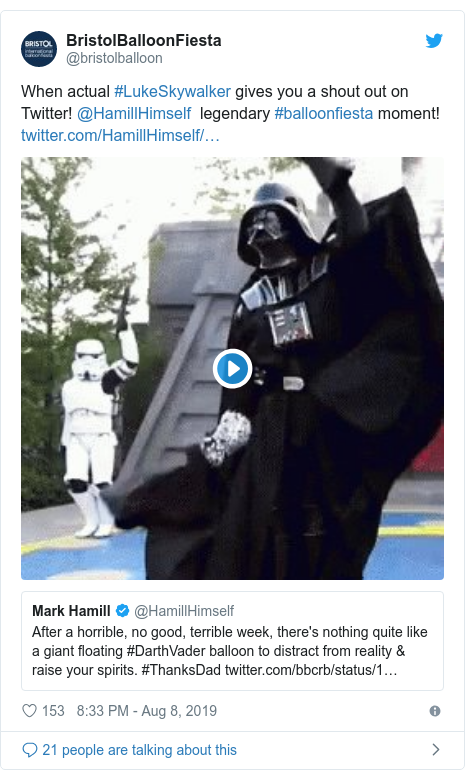 Twitter post by @bristolballoon: When actual #LukeSkywalker gives you a shout out on Twitter! @HamillHimself  legendary #balloonfiesta moment!  