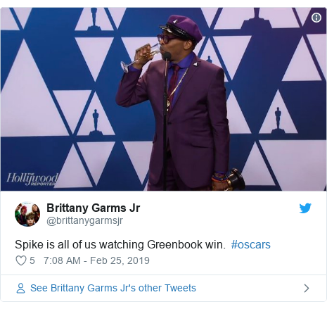 Twitter post by @brittanygarmsjr: Spike is all of us watching Greenbook win.  #oscars 