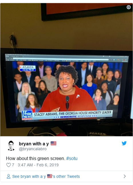 Twitter post by @bryancalabro: How about this green screen. #sotu 