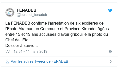 Twitter publication par @burundi_fenadeb: La FENADEB confirme l'arrestation de six écolières de l'Ecofo Akamuri en Commune et Province Kirundo, âgées entre 15 et 19 ans accusées d'avoir gribouillé la photo du Chef de l'État. Dossier à suivre...