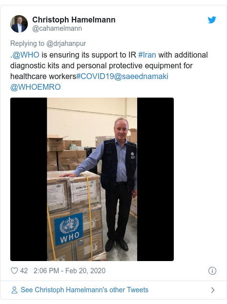 Twitter post by @cahamelmann: .@WHO is ensuring its support to IR #Iran with additional diagnostic kits and personal protective equipment for healthcare workers#COVID19@saeednamaki @WHOEMRO 