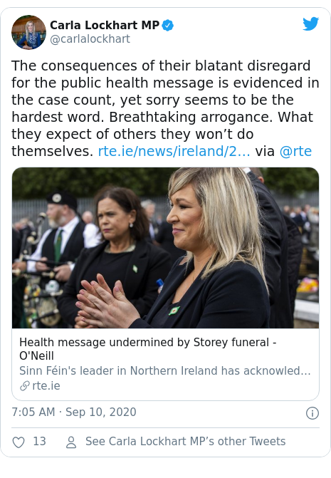 Twitter post by @carlalockhart: The consequences of their blatant disregard for the public health message is evidenced in the case count, yet sorry seems to be the hardest word. Breathtaking arrogance. What they expect of others they won’t do themselves.  via @rte