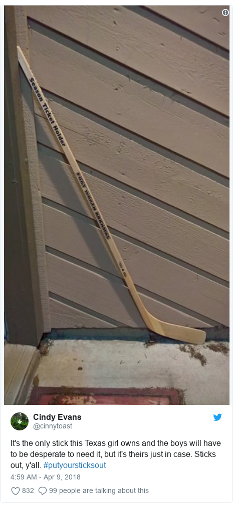 Twitter post by @cinnytoast: It's the only stick this Texas girl owns and the boys will have to be desperate to need it, but it's theirs just in case. Sticks out, y'all. #putyoursticksout 