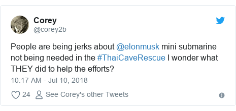 Twitter post by @corey2b: People are being jerks about @elonmusk mini submarine not being needed in the #ThaiCaveRescue I wonder what THEY did to help the efforts?