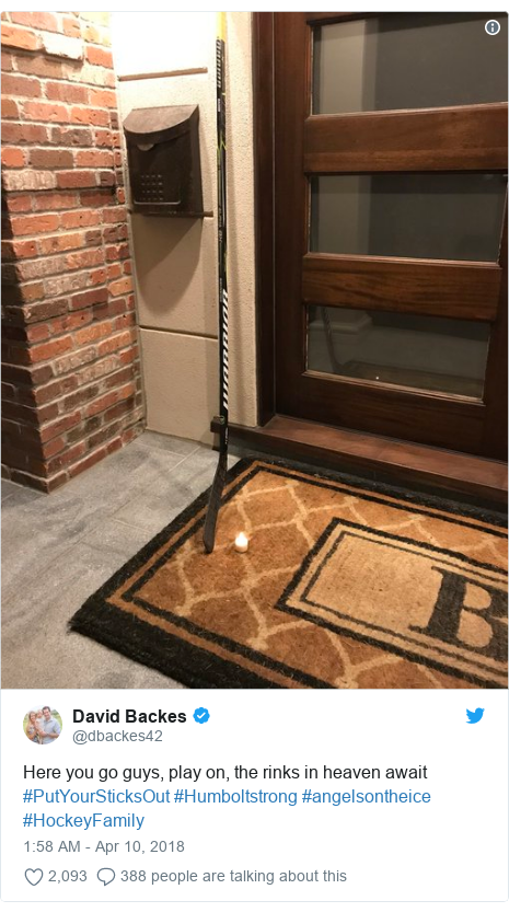 Twitter post by @dbackes42: Here you go guys, play on, the rinks in heaven await #PutYourSticksOut #Humboltstrong #angelsontheice #HockeyFamily 