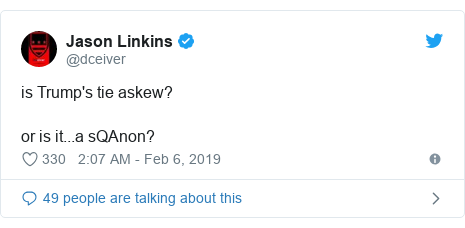 Twitter post by @dceiver: is Trump's tie askew?or is it...a sQAnon?