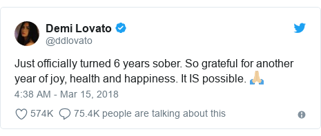 Twitter post by @ddlovato: Just officially turned 6 years sober. So grateful for another year of joy, health and happiness. It IS possible. 🙏🏼