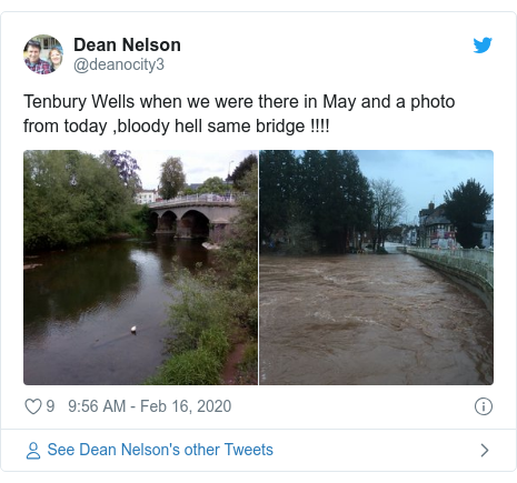Twitter post by @deanocity3: Tenbury Wells when we were there in May and a photo from today ,bloody hell same bridge !!!! 