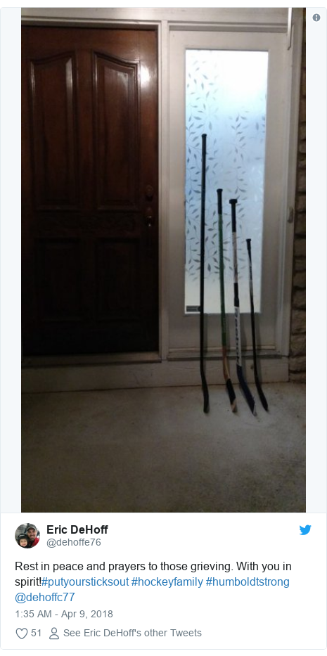 Twitter post by @dehoffe76: Rest in peace and prayers to those grieving. With you in spirit!#putyoursticksout #hockeyfamily #humboldtstrong @dehoffc77 