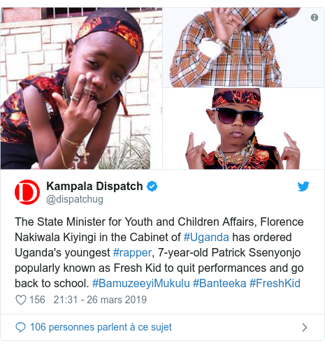 Twitter publication par @dispatchug: The State Minister for Youth and Children Affairs, Florence Nakiwala Kiyingi in the Cabinet of #Uganda has ordered Uganda's youngest #rapper, 7-year-old Patrick Ssenyonjo popularly known as Fresh Kid to quit performances and go back to school. #BamuzeeyiMukulu #Banteeka #FreshKid 