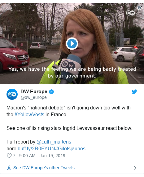 Twitter post by @dw_europe: Macron's "national debate" isn't going down too well with the #YellowVests in France.See one of its rising stars Ingrid Levavasseur react below.Full report by @cath_martens here #Giletsjaunes 