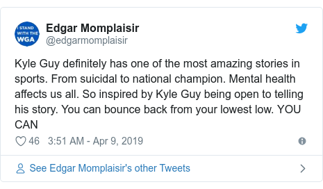 Twitter post by @edgarmomplaisir: Kyle Guy definitely has one of the most amazing stories in sports. From suicidal to national champion. Mental health affects us all. So inspired by Kyle Guy being open to telling his story. You can bounce back from your lowest low. YOU CAN