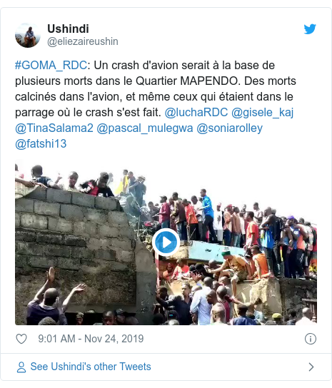 Twitter post by @eliezaireushin: #GOMA_RDC  Un crash d'avion serait à la base de plusieurs morts dans le Quartier MAPENDO. Des morts calcinés dans l'avion, et même ceux qui étaient dans le parrage où le crash s'est fait. @luchaRDC @gisele_kaj @TinaSalama2 @pascal_mulegwa @soniarolley @fatshi13 
