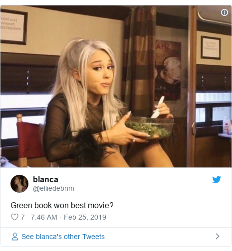 Twitter post by @elliedebnm: Green book won best movie? 