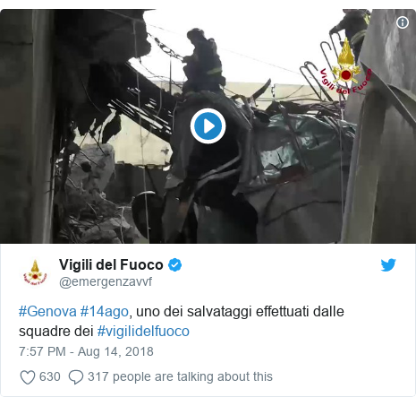 Twitter post by @emergenzavvf: #Genova #14ago, uno dei salvataggi effettuati dalle squadre dei #vigilidelfuoco 