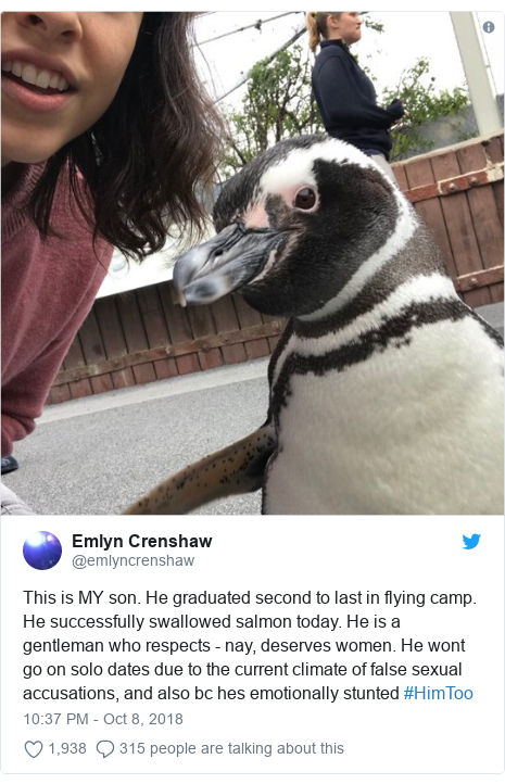 Twitter post by @emlyncrenshaw: This is MY son. He graduated second to last in flying camp. He successfully swallowed salmon today. He is a gentleman who respects - nay, deserves women. He wont go on solo dates due to the current climate of false sexual accusations, and also bc hes emotionally stunted #HimToo 
