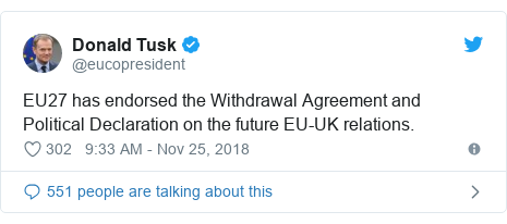 Twitter post by @eucopresident: EU27 has endorsed the Withdrawal Agreement and Political Declaration on the future EU-UK relations.