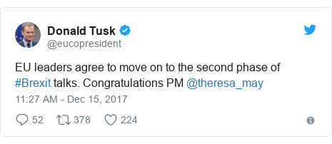 Twitter post by @eucopresident: EU leaders agree to move on to the second phase of #Brexit talks. Congratulations PM @theresa_may