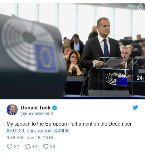 Twitter post by @eucopresident: My speech to the European Parliament on the December #EUCO   