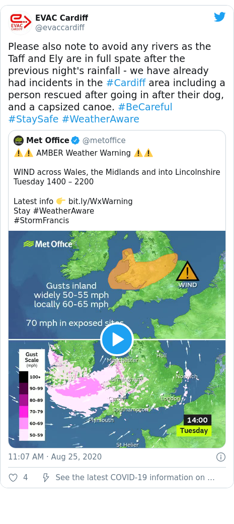 Twitter post by @evaccardiff: Please also note to avoid any rivers as the Taff and Ely are in full spate after the previous night's rainfall - we have already had incidents in the #Cardiff area including a person rescued after going in after their dog, and a capsized canoe. #BeCareful #StaySafe #WeatherAware 