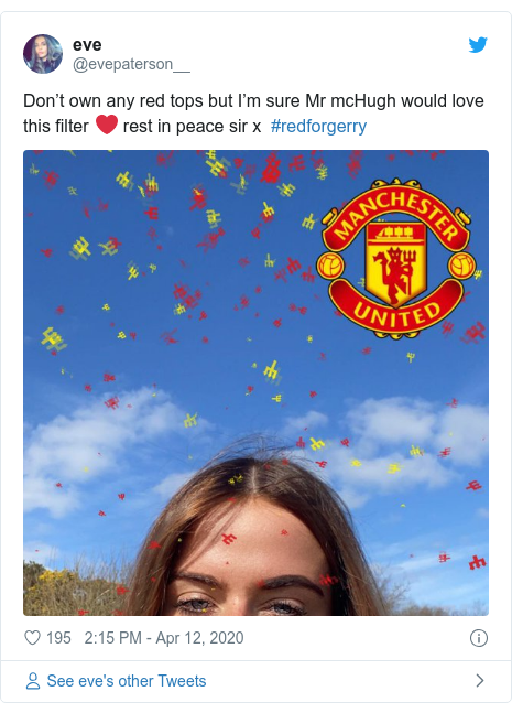 Twitter post by @evepaterson__: Don’t own any red tops but I’m sure Mr mcHugh would love this filter ❤️ rest in peace sir x  #redforgerry 