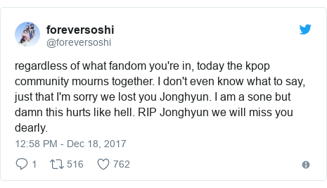 Twitter post by @foreversoshi: regardless of what fandom you're in, today the kpop community mourns together. I don't even know what to say, just that I'm sorry we lost you Jonghyun. I am a sone but damn this hurts like hell. RIP Jonghyun we will miss you dearly.