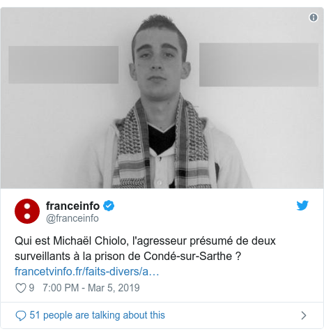Twitter post by @franceinfo: Qui est Michaël Chiolo, l'agresseur présumé de deux surveillants à la prison de Condé-sur-Sarthe ?  