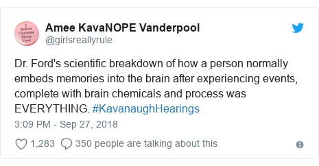 Twitter post by @girlsreallyrule: Dr. Ford's scientific breakdown of how a person normally embeds memories into the brain after experiencing events, complete with brain chemicals and process was EVERYTHING. #KavanaughHearings