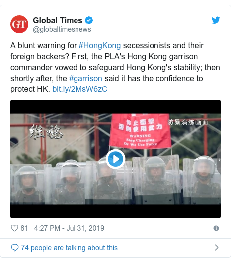 Twitter post by @globaltimesnews: A blunt warning for #HongKong secessionists and their foreign backers? First, the PLA's Hong Kong garrison commander vowed to safeguard Hong Kong's stability; then shortly after, the #garrison said it has the confidence to protect HK.  