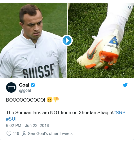 Twitter post by @goal: BOOOOOOOOOO! 😠👎The Serbian fans are NOT keen on Xherdan Shaqiri!#SRB #SUI 
