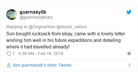 Twitter post by @guernseylibrary: Son bought rucksack from ebay, came with a lovely letter wishing him well in his future expeditions and detailing where it had travelled already!