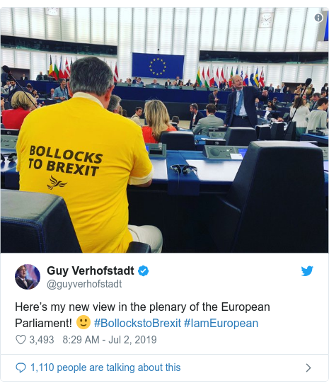 Twitter post by @guyverhofstadt: Here’s my new view in the plenary of the European Parliament! 🙂 #BollockstoBrexit #IamEuropean 