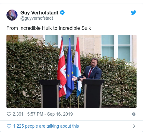 Twitter post by @guyverhofstadt: From Incredible Hulk to Incredible Sulk 